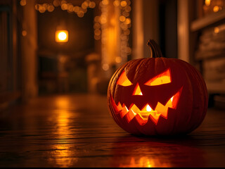 Fototapeta premium A scary, glowing Halloween jack-o-lantern with a spooky face smiles in the dark on a black background