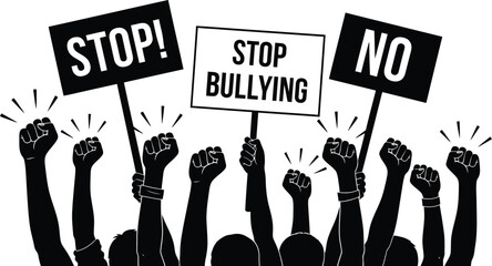 Stop bullying concept illustration with raised fists and signs