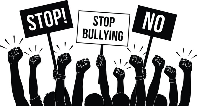 Stop bullying concept illustration with raised fists and signs
