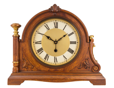 Vintage Wooden Mantel Clock with Decorative Details, Side View, Isolated