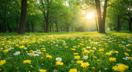 Fototapeta premium Sunlit Meadow with Wildflowers and Trees.