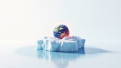 Earth globe on ice, serious mood, representing global warming, minimalistic background