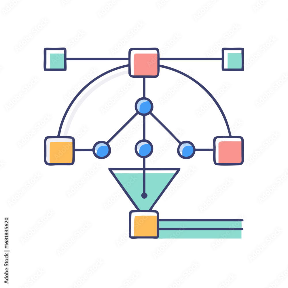 Poster creative data flow diagram with visual funnel and processing of information