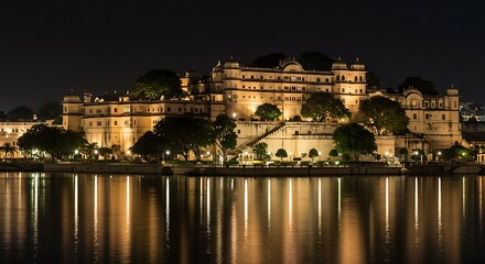 Obraz premium Historic Indian Palace Illuminated at Night Reflected in Lake Pichola Udaipur.