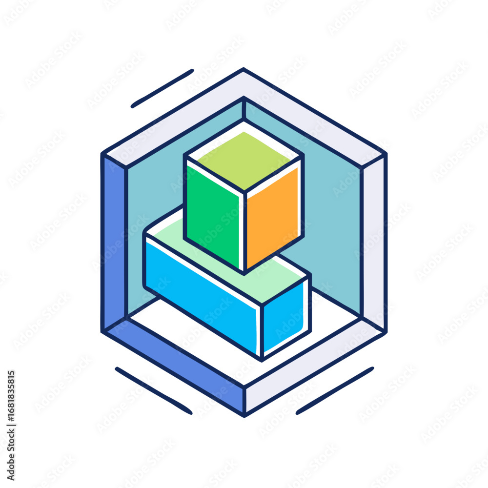 Poster isometric design showing stacked blocks inside a wireframe cube structure