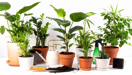 Fototapeta premium Indoor potted plants with gardening tools on white surface and background