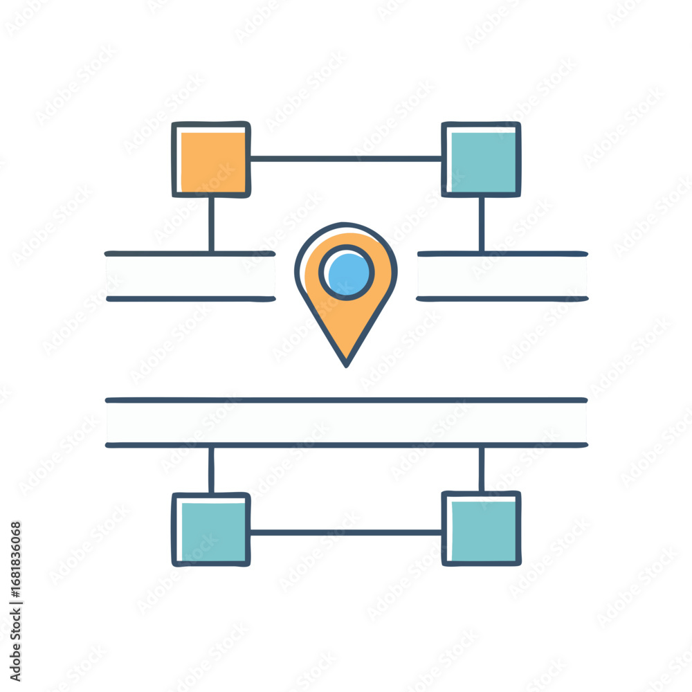 Poster hierarchical structure with location pin highlighting central data element flow illustration