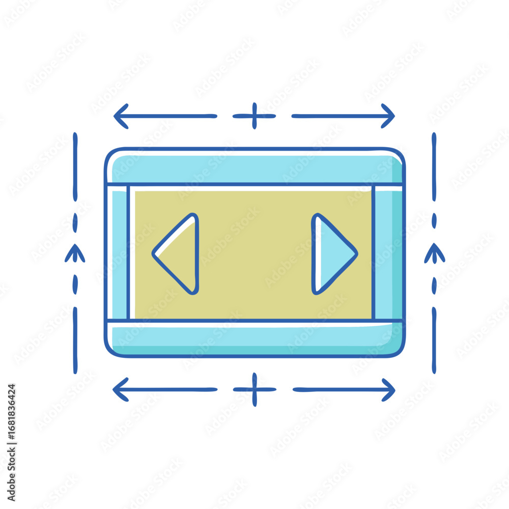 Poster cartoon image showing a button with forward and back icons and dimensions