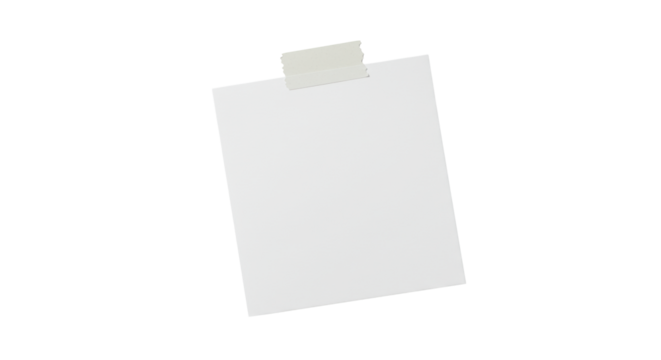 transparent blank A6/3x5 inch paper note secured with clear tape, on a transparent studio surface with soft shadow and ample copy space. Concept of communication and potential