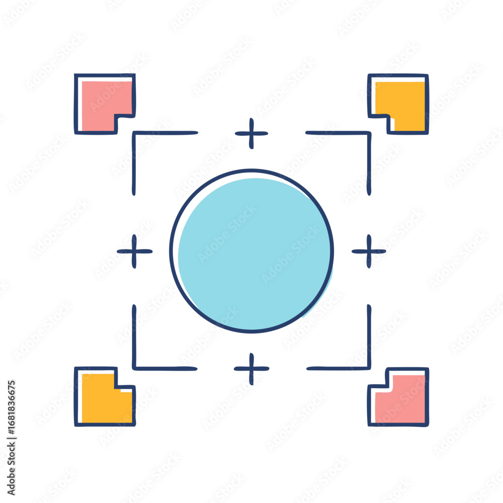 Poster abstract diagram with a central circle and square markers for data points