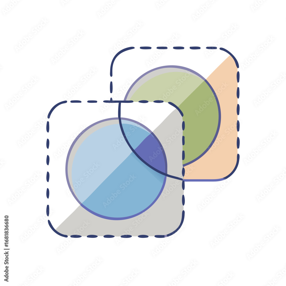 Poster overlapping circles and squares illustration with dashed outlines and a unique color scheme