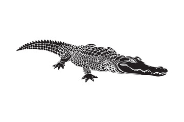 Detailed black and white illustration of an alligator