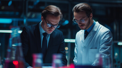 Scientist in a lab coat with a lawyer in a suit