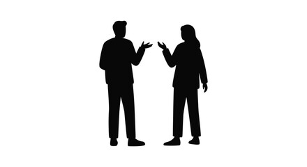 Two people standing and talking in silhouette against a white background