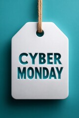 Cyber Monday sale tag is displayed on a blue background with a rope attached