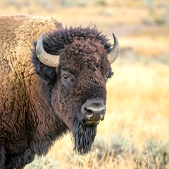 Close-up of bison head in field