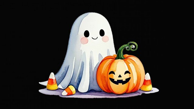Cute cartoon ghost with jack-o'-lantern pumpkin and candy corn on white background
