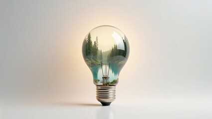 Lightbulb with nature landscape inside , innovative mood, symbolizing green energy, light background, eco-friendly decor, copy space 