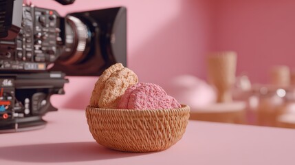 A colorful ice cream bowl with cookies, perfect for dessert photography enthusiasts.