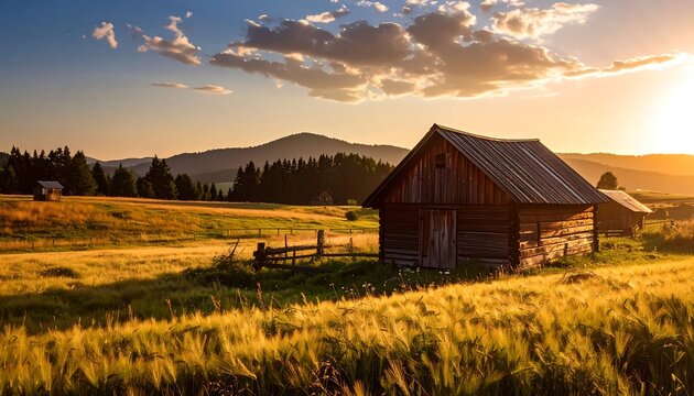 A rustic wooden barn stands proudly in a golden field at sunset, bathed in warm light.