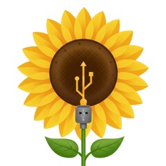 Yellow Sunflower with USB Plug Illustration