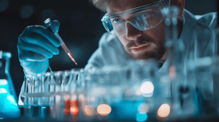 Scientist in lab coat working with test tubes in a laboratory