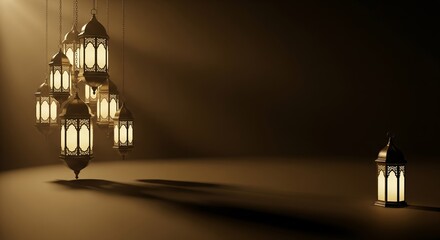 Fototapeta premium Golden Lanterns in the Shadow: A cluster of glowing lanterns illuminates the darkness, casting intricate shadows, evoking an atmosphere of peace and serenity in a warm, inviting setting.