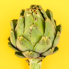 Fototapeta premium Close-up of a vibrant green artichoke head against a bold yellow background, showcasing detailed textures and colors.