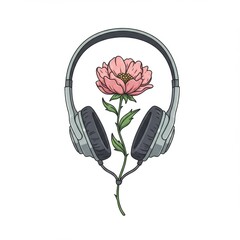 Pink Flower in Grey Headphones Pixel Art