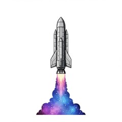 Pixel Art Rocket Launching into Colorful Galaxy