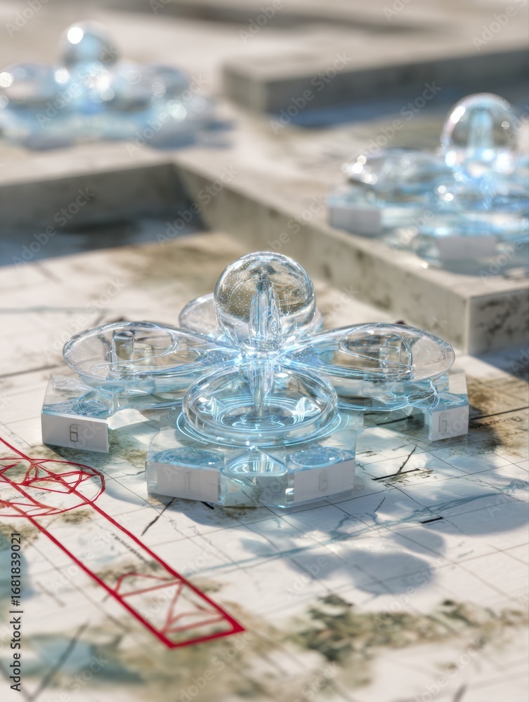 Poster unique glass-like structures are displayed on a design map, illustrating advanced urban planning con