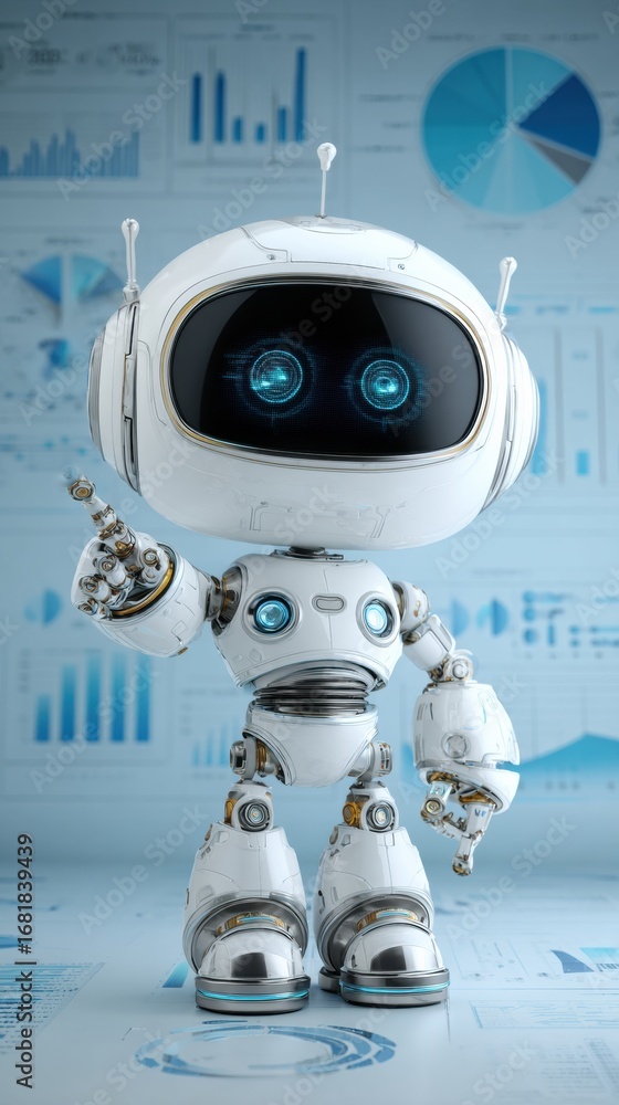 Poster a friendly humanoid robot stands in a modern office, pointing at colorful data visualization display
