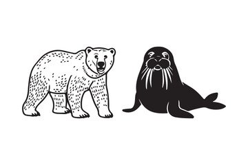 Polar bear and walrus arctic animals illustration