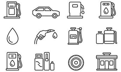 Vector line art icons of fuel and energy supply showing oil drop, petrol pump, fuel nozzle, car wash, and vehicle service station for automotive graphics