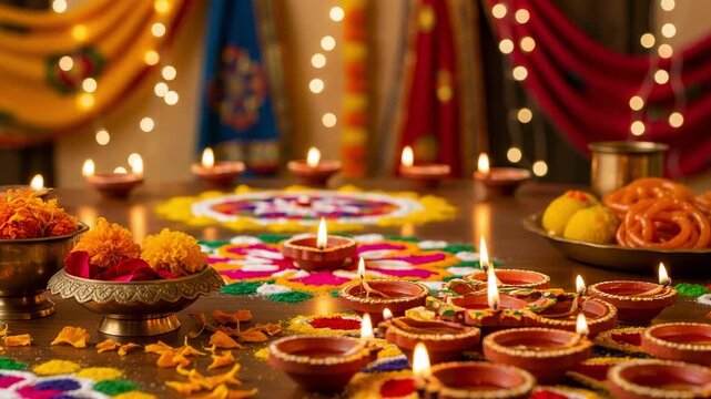 Beautiful Diwali decorations with lit clay lamps, colorful rangoli patterns, marigold flowers, and traditional Indian sweets on a table.