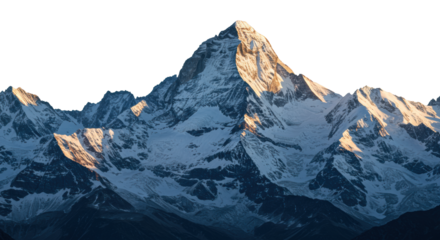A breathtaking panoramic view of a towering, snow-capped mountain range with rugged, icy peaks under a vast clear sky and crisp directional light, concept of grand achievement