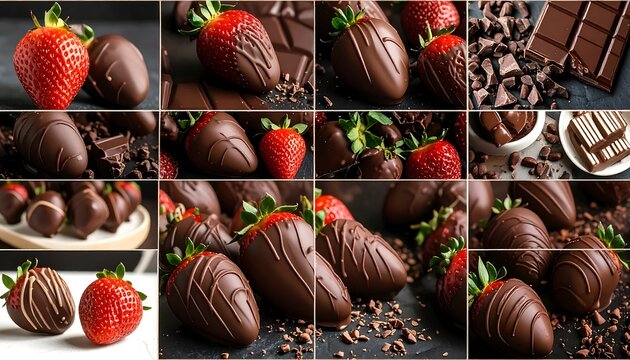 A collage showcasing various chocolate-covered strawberries, with pieces of dark chocolate, and a selection of decadent treats.