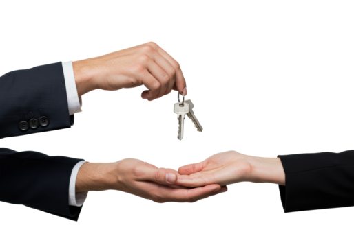 Two impeccably groomed hands, male & female, diverse skin tones, in corporate sleeves, passing modern metal keys in blurred office, copy space. Concept of trusted transfer of ownership