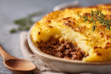 Savory shepherd's pie with golden mashed potato topping, revealing rich meat filling, garnished with fresh herbs, served in a rustic dish, perfect for comfort food lovers
