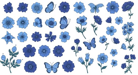 Illustration of various blue flowers and butterflies, a collection of botanical elements.
