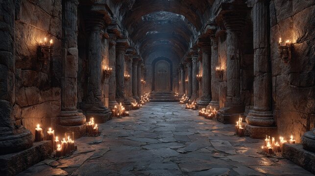Dark medieval dungeon hallway lit by torches creates eerie atmosphere and stone arches - Powered by Adobe