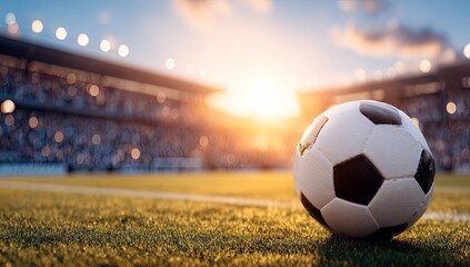 A soccer ball rests on the grassy field of a stadium, bathed in the golden light of sunset.