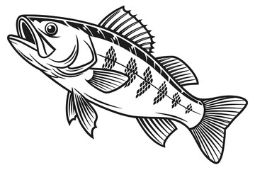 Vector illustration of a tropical blue salmon fish isolated on a white background with a seamless underwater pattern