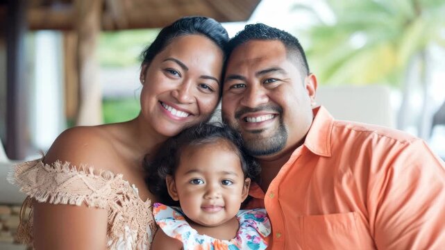 A warm family portrait captured at eye level, showcasing smiles and tropical background. Ideal for a family-themed video or promotional content.