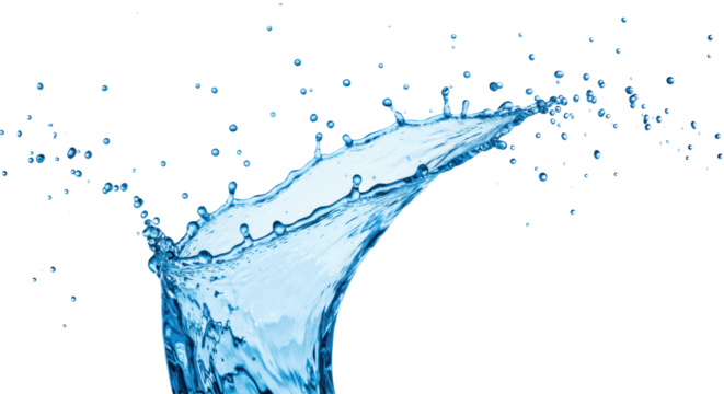 Vibrant blue water splash frozen mid-air with countless sharp droplets on a transparent studio background with copy space, photorealistic high-speed capture concept of refreshing purity