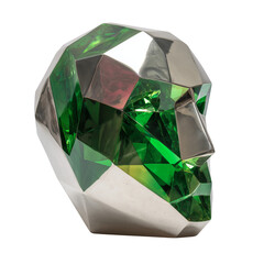 Geometric faceted crystal head sculpture with emerald green hues isolated on transparent background