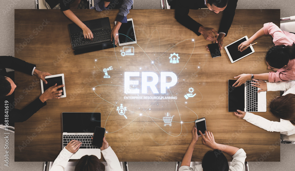 Aufkleber erp platform visual showing centralized system for enterprise resource planning, improving integrati
