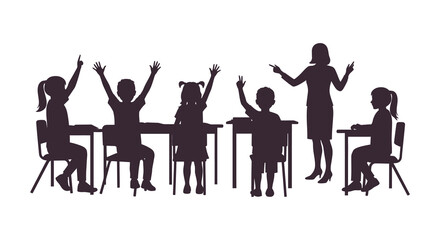A teacher and students in a classroom with hands raised