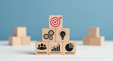 Strategic Blocks of Success: A visual representation of key business concepts. wooden blocks stacked to display core business values.