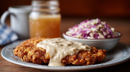 Crispy fried chicken breast topped with creamy gravy, served with coleslaw and a glass of refreshing beverage on a rustic wooden table, showcasing a delicious comfort food meal